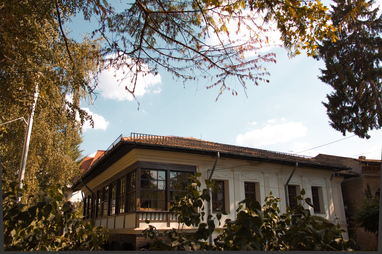 Beautiful historical house in Bucharest, Romania with lush greenery and classic architecture.